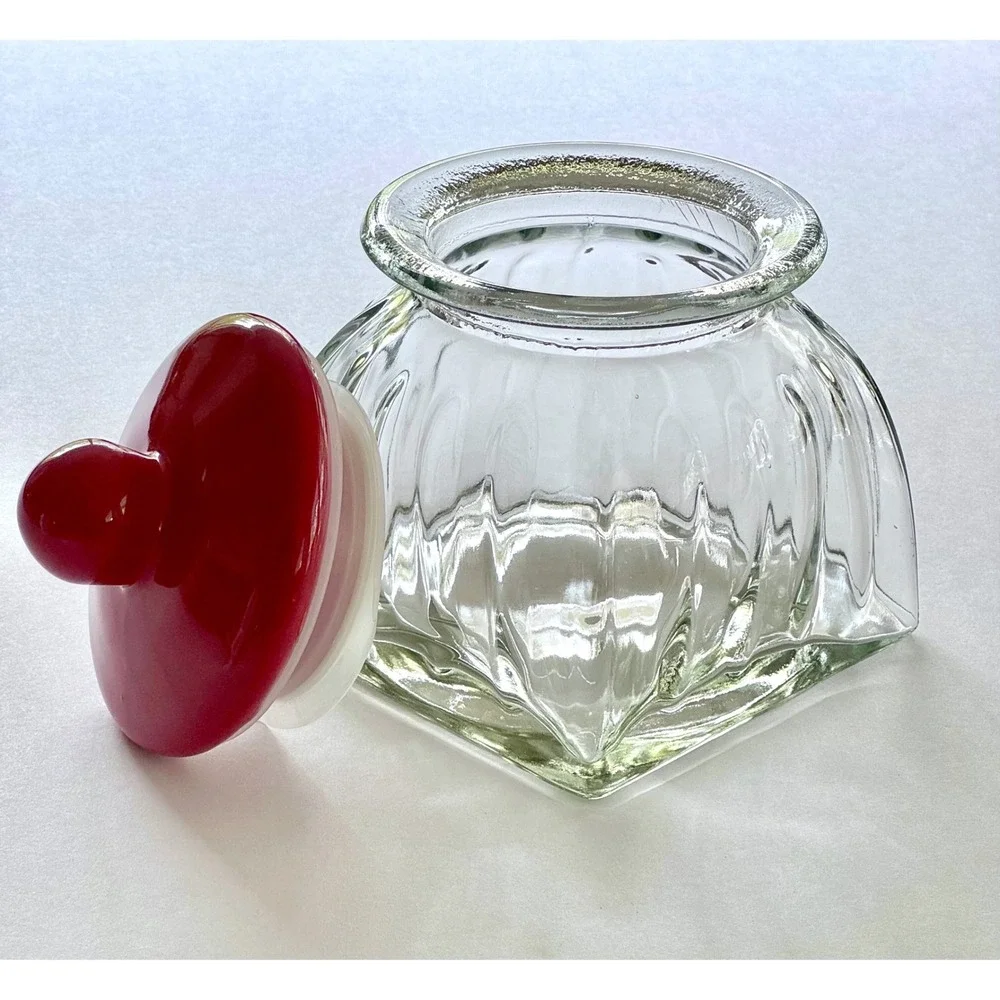 VTG MCM Clear Glass Apothecary Canister Ruby Red Ceramic Lid Cottagecore Style